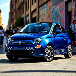A striking Fiat car in a deep blue color, highlighting its sleek and modern design
