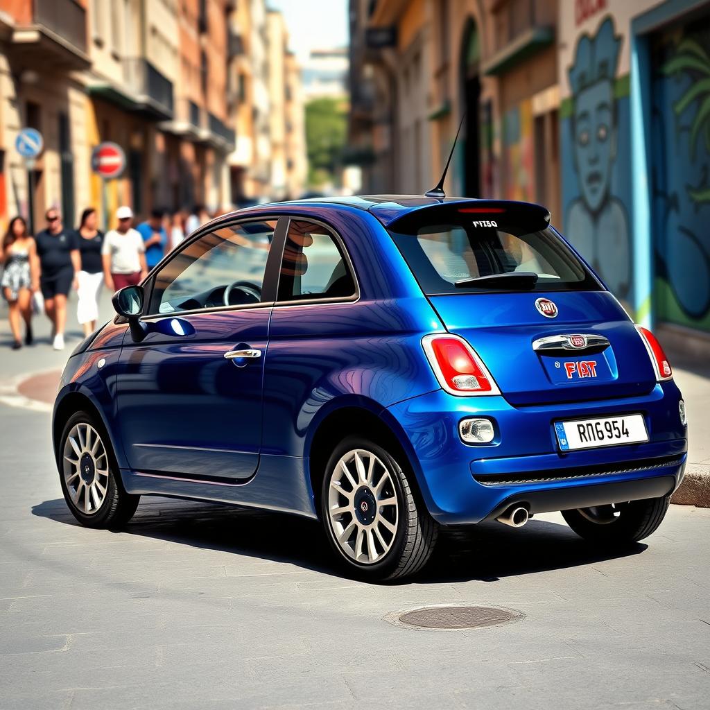 A striking Fiat car in a deep blue color, highlighting its sleek and modern design