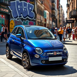 A striking Fiat car in a deep blue color, highlighting its sleek and modern design