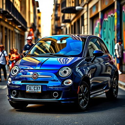 A striking Fiat car in a deep blue color, highlighting its sleek and modern design
