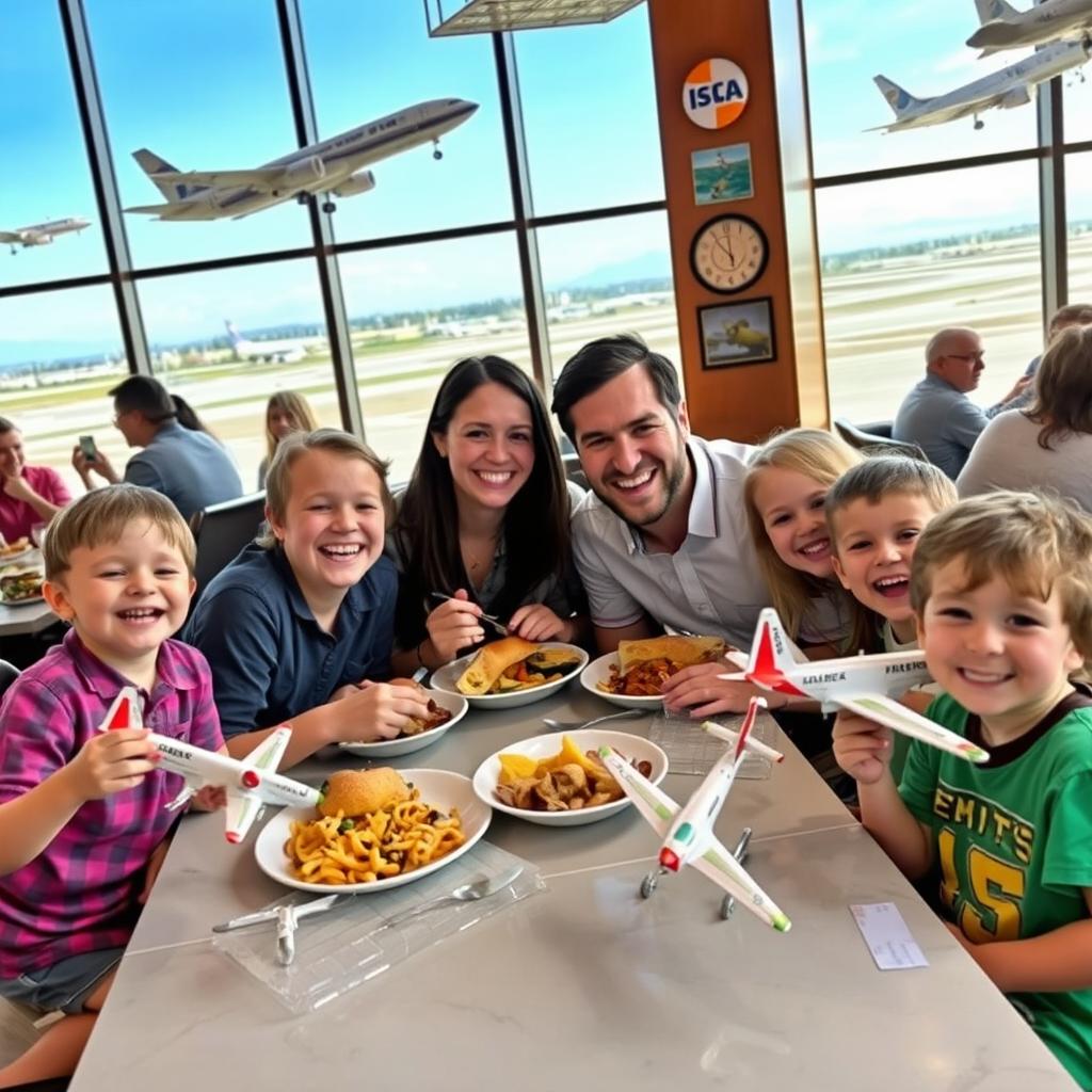 A joyful family dining in an aviation-themed restaurant, surrounded by cheerful children playing with model airplanes