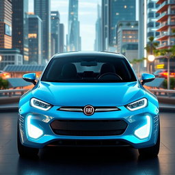 A futuristic Fiat car in a sleek azure blue color, designed for the year 2030