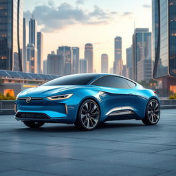 A futuristic Fiat car in a sleek azure blue color, designed for the year 2030