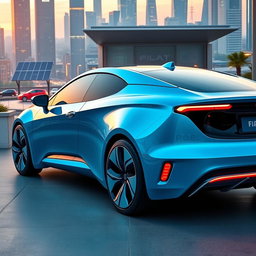 A futuristic Fiat car in a sleek azure blue color, designed for the year 2030