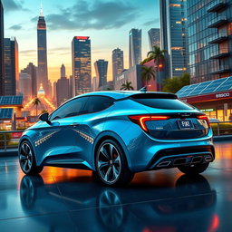 A futuristic Fiat car in a sleek azure blue color, designed for the year 2030