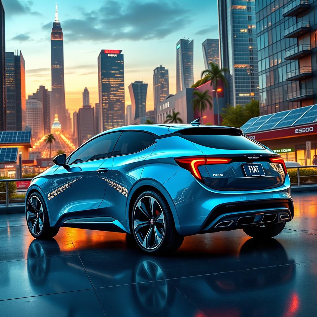 A futuristic Fiat car in a sleek azure blue color, designed for the year 2030