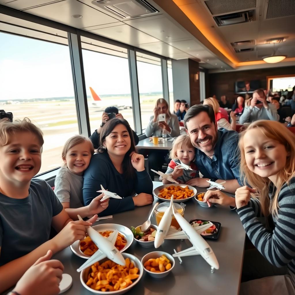 A happy family enjoying a meal in an airplane-themed restaurant, with smiling children playing with toy airplanes