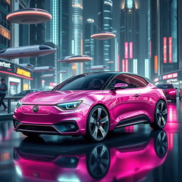 A futuristic Fiat car in a stunning metallic pink color, designed for the year 2100