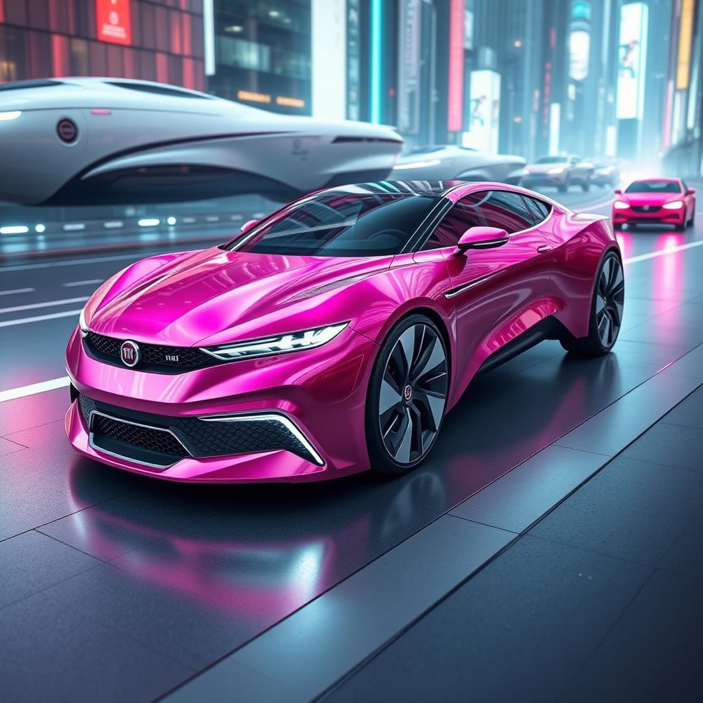 A futuristic Fiat car in a stunning metallic pink color, designed for the year 2100