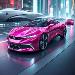 A futuristic Fiat car in a stunning metallic pink color, designed for the year 2100