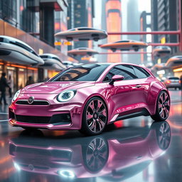 A futuristic Fiat car in a stunning metallic pink color, designed for the year 2100