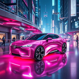 A futuristic Fiat car in a stunning metallic pink color, designed for the year 2100