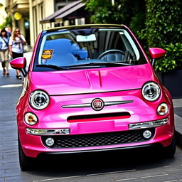 A stunning Fiat car in a vibrant metallic pink shade, showcasing its stylish design with sleek lines and a compact body