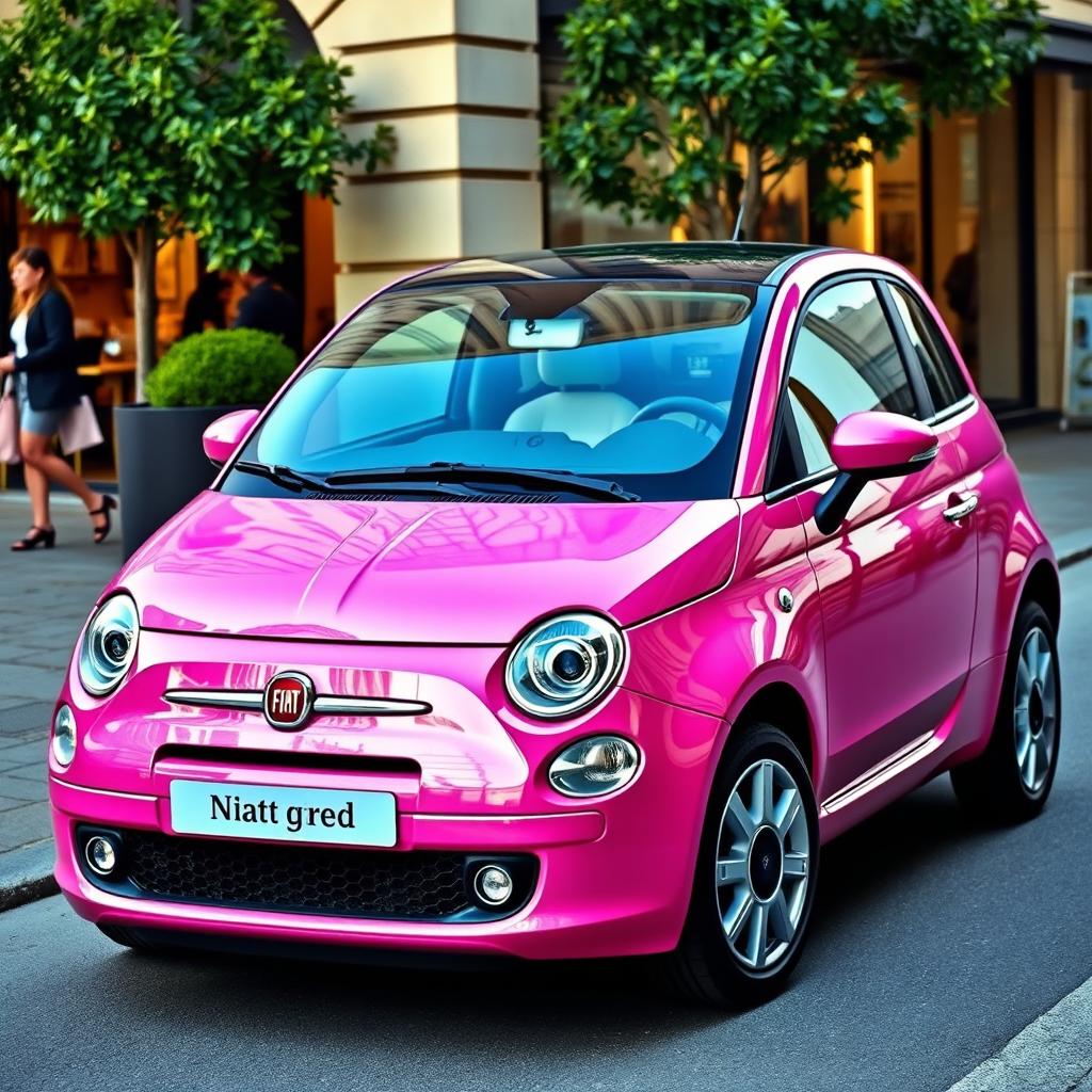 A stunning Fiat car in a vibrant metallic pink shade, showcasing its stylish design with sleek lines and a compact body