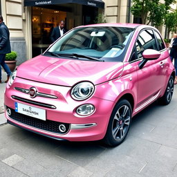 A stunning Fiat car in a vibrant metallic pink shade, showcasing its stylish design with sleek lines and a compact body