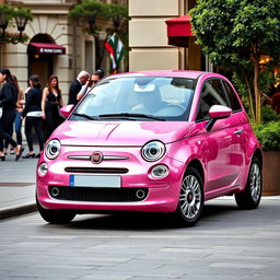A stunning Fiat car in a vibrant metallic pink shade, showcasing its stylish design with sleek lines and a compact body