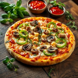 A hyper-realistic pizza that has been expertly baked to a perfect golden brown, featuring a well-balanced combination of fresh, vibrant green capsicum slices, savory mushrooms, and crunchy onions, artfully arranged for visual appeal
