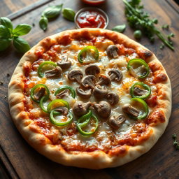A hyper-realistic pizza that has been expertly baked to a perfect golden brown, featuring a well-balanced combination of fresh, vibrant green capsicum slices, savory mushrooms, and crunchy onions, artfully arranged for visual appeal