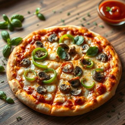 A hyper-realistic pizza that has been expertly baked to a perfect golden brown, featuring a well-balanced combination of fresh, vibrant green capsicum slices, savory mushrooms, and crunchy onions, artfully arranged for visual appeal