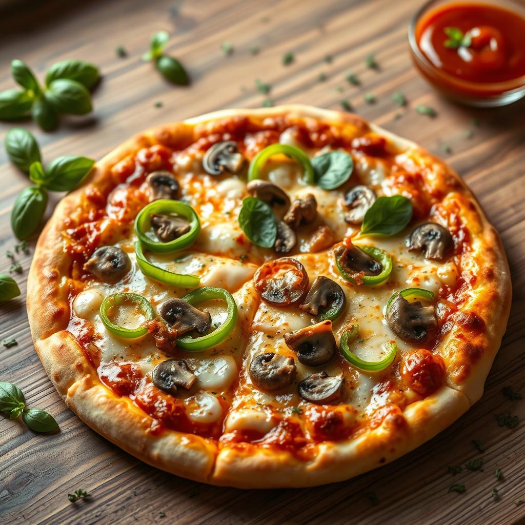 A hyper-realistic pizza that has been expertly baked to a perfect golden brown, featuring a well-balanced combination of fresh, vibrant green capsicum slices, savory mushrooms, and crunchy onions, artfully arranged for visual appeal