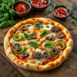 A hyper-realistic pizza that has been expertly baked to a perfect golden brown, featuring a well-balanced combination of fresh, vibrant green capsicum slices, savory mushrooms, and crunchy onions, artfully arranged for visual appeal