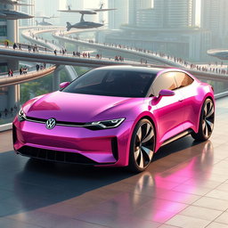 A futuristic Volkswagen car in a stunning metallic pink color, designed for the year 2060
