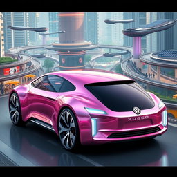 A futuristic Volkswagen car in a stunning metallic pink color, designed for the year 2060