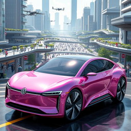 A futuristic Volkswagen car in a stunning metallic pink color, designed for the year 2060