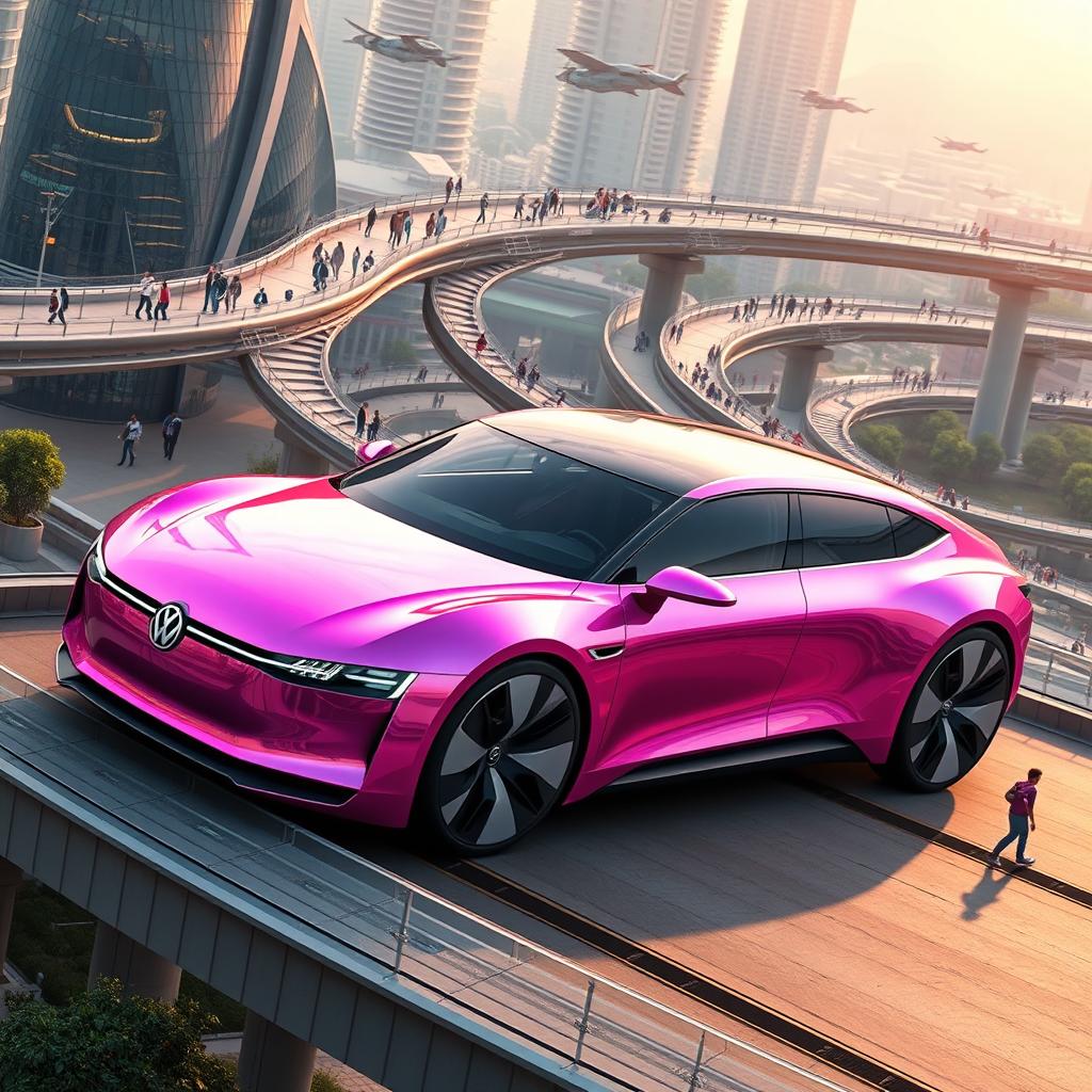 A futuristic Volkswagen car in a stunning metallic pink color, designed for the year 2060