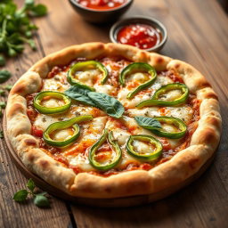 A deliciously crafted green capsicum pizza, showcasing a perfectly baked crust that is thick and golden brown, with a delightful crispy edge