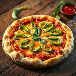 A deliciously crafted green capsicum pizza, showcasing a perfectly baked crust that is thick and golden brown, with a delightful crispy edge