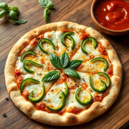 A deliciously crafted green capsicum pizza, showcasing a perfectly baked crust that is thick and golden brown, with a delightful crispy edge