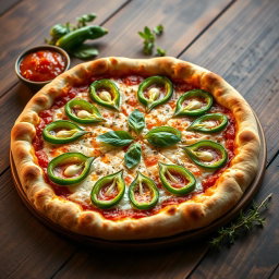 A deliciously crafted green capsicum pizza, showcasing a perfectly baked crust that is thick and golden brown, with a delightful crispy edge