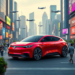 A futuristic Volkswagen car in a striking red color, designed for the year 2060