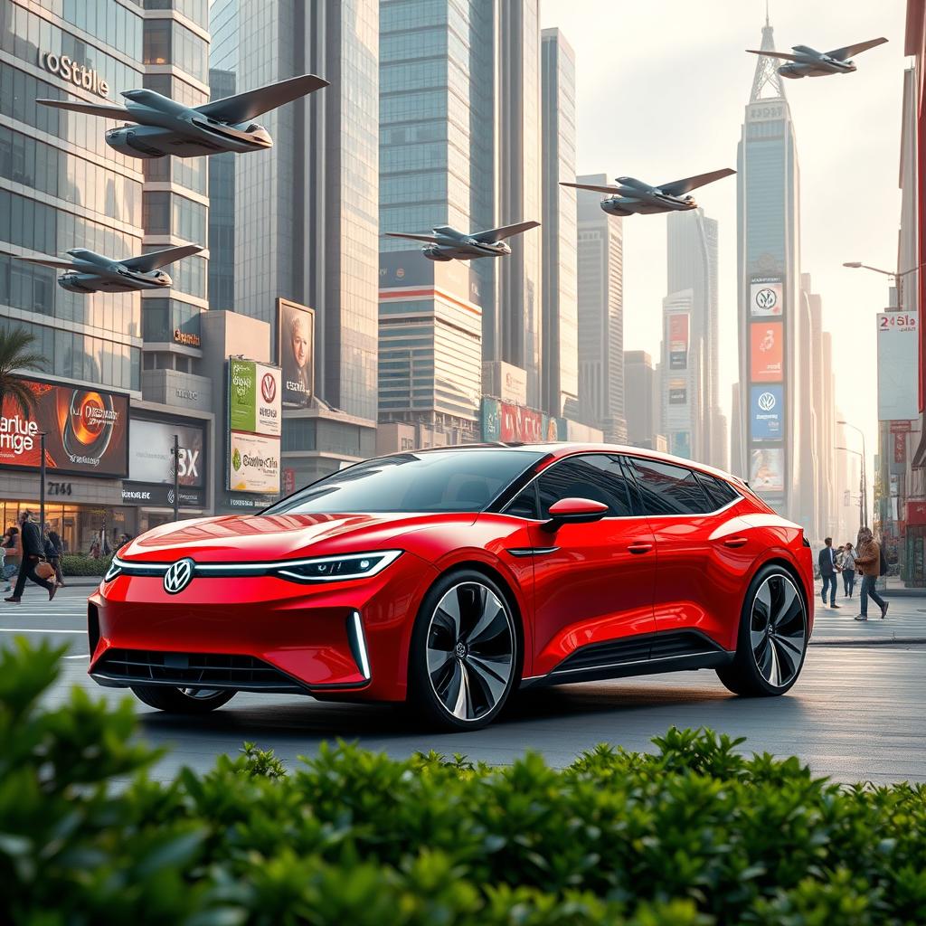 A futuristic Volkswagen car in a striking red color, designed for the year 2060