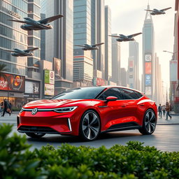 A futuristic Volkswagen car in a striking red color, designed for the year 2060