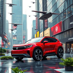 A futuristic Volkswagen car in a striking red color, designed for the year 2060