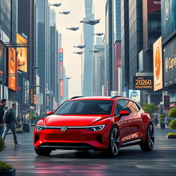 A futuristic Volkswagen car in a striking red color, designed for the year 2060