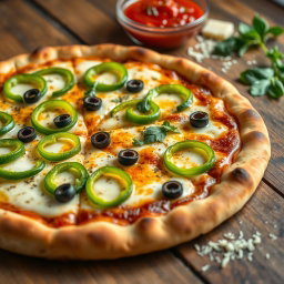 A mouth-watering green capsicum pizza, featuring a perfectly baked golden brown crust with a crispy edge