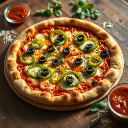 A mouth-watering green capsicum pizza, featuring a perfectly baked golden brown crust with a crispy edge