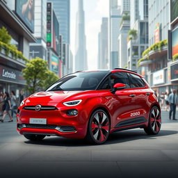 A futuristic Fiat car in a striking red color, designed for the year 2060