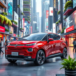 A futuristic Fiat car in a striking red color, designed for the year 2060