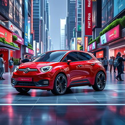 A futuristic Fiat car in a striking red color, designed for the year 2060