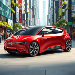 A futuristic Fiat car in a striking red color, designed for the year 2060