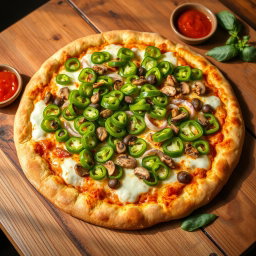An incredibly realistic pizza showcasing an abundance of vibrant green capsicum slices, overflowing and artfully scattered across the surface of a perfectly baked, golden brown crust