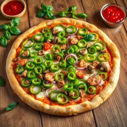 An incredibly realistic pizza showcasing an abundance of vibrant green capsicum slices, overflowing and artfully scattered across the surface of a perfectly baked, golden brown crust