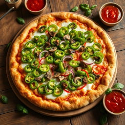 An incredibly realistic pizza showcasing an abundance of vibrant green capsicum slices, overflowing and artfully scattered across the surface of a perfectly baked, golden brown crust