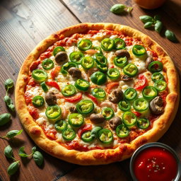 An incredibly realistic pizza showcasing an abundance of vibrant green capsicum slices, overflowing and artfully scattered across the surface of a perfectly baked, golden brown crust