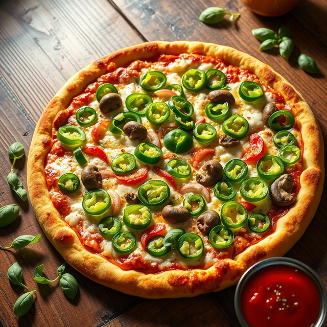 An incredibly realistic pizza showcasing an abundance of vibrant green capsicum slices, overflowing and artfully scattered across the surface of a perfectly baked, golden brown crust
