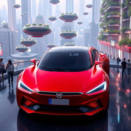 A futuristic Fiat car in a vivid red color, designed for the year 2100